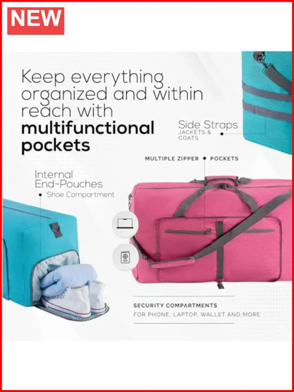 Large Travel Duffel Bag & Tote - Water Resistant Overnight Weekender Gym Bag